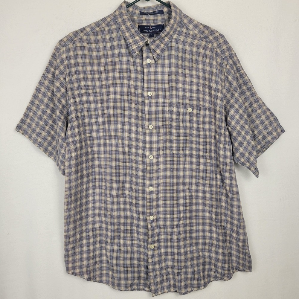 John Ashford Men's Large Shirt Blue Beige Plaid Check Short Sleeve Linen Rayon